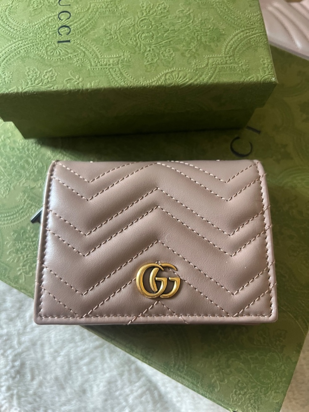 Gucci Taupe Chevron Leather Wallet with Gold Double G